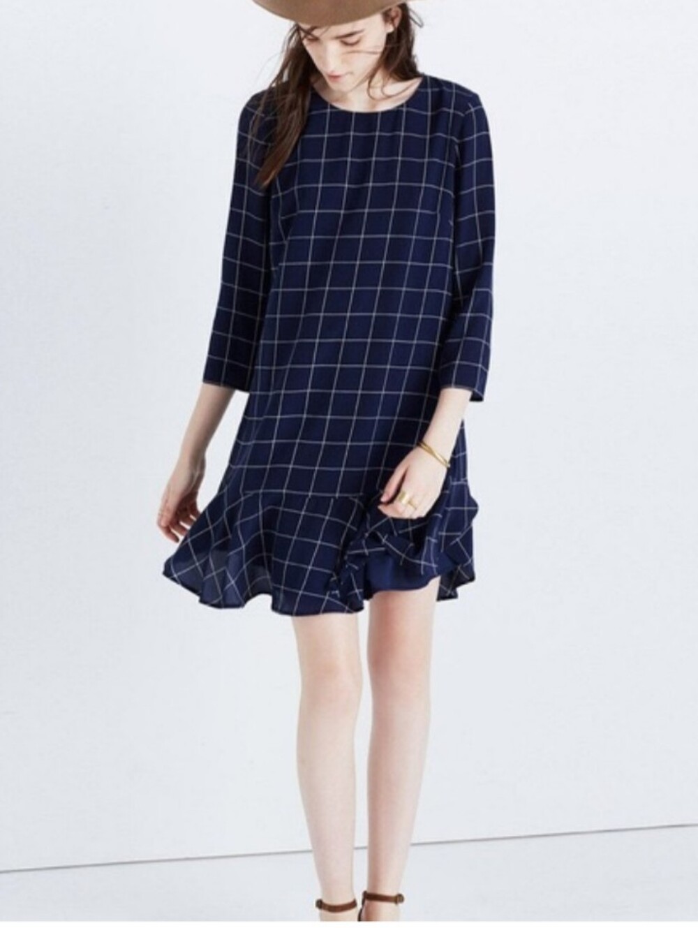 Madewell $168 Silk Ruffle-Hem Dress in Windowpane Sz 10 Juniper Berry